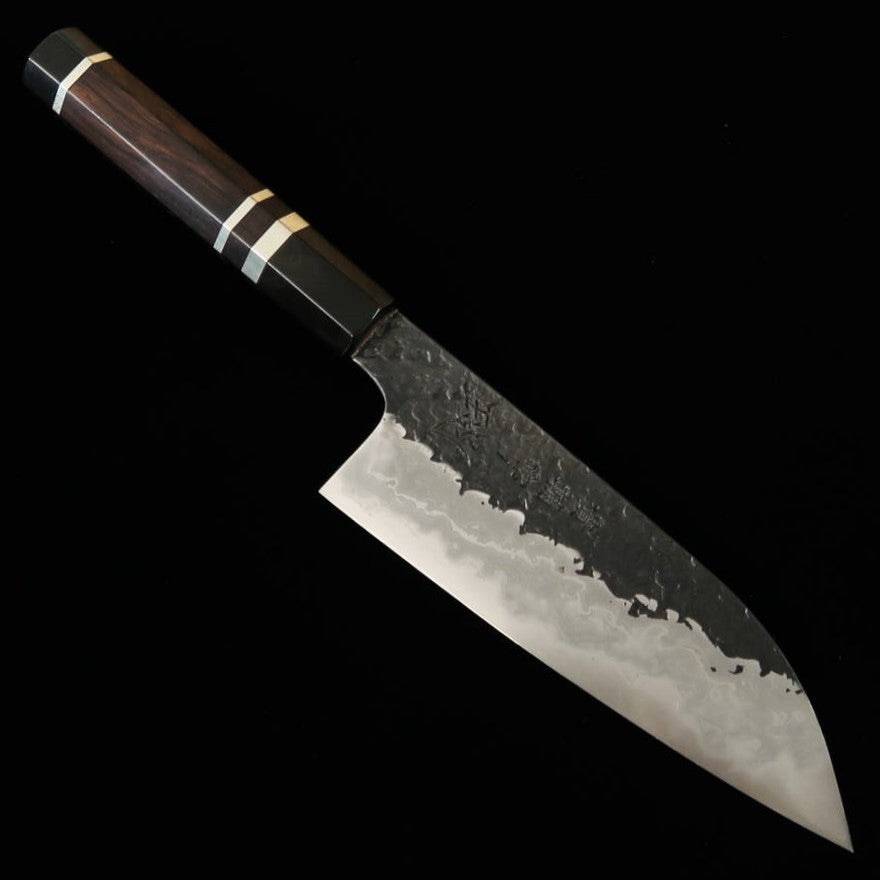 zzzKISUKE Enn Manaka Blade Forging Shop Santoku Aogami No. 1 Black Hammered Damascus Hon Kasumi Ebony Silver Wrap Handle 16.5cm : Size - 16.5cm