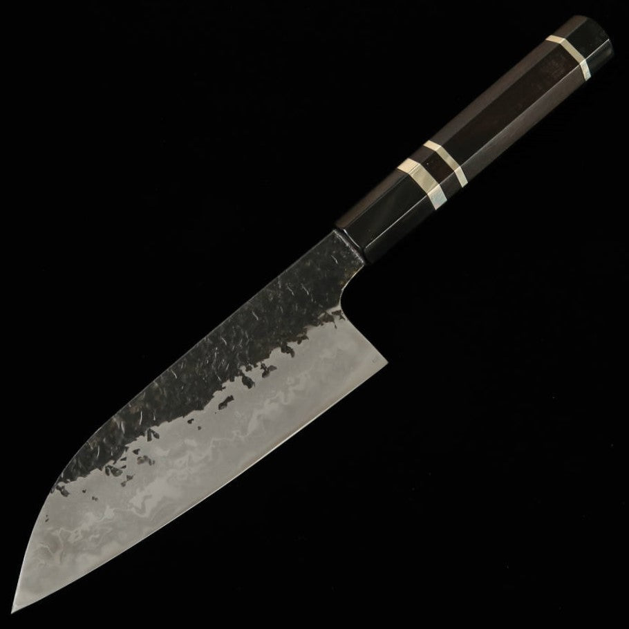 zzzKISUKE Enn Manaka Blade Forging Shop Santoku Aogami No. 1 Black Hammered Damascus Hon Kasumi Ebony Silver Wrap Handle 16.5cm : Size - 16.5cm