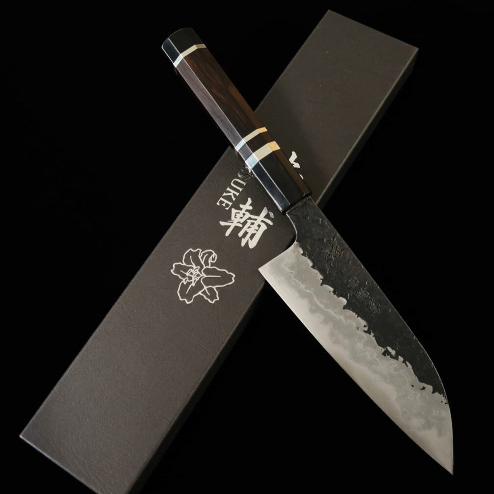 zzzKISUKE Enn Manaka Blade Forging Shop Santoku Aogami No. 1 Black Hammered Damascus Hon Kasumi Ebony Silver Wrap Handle 16.5cm : Size - 16.5cm