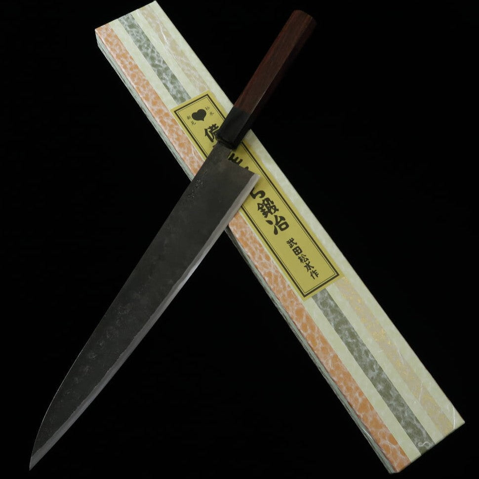 Takeda Cutelaria Takeda Bitchu Forjado à mão Sujihiki/Yanagiba duplo grande Aço Hitachi Aogami Super (240mm)