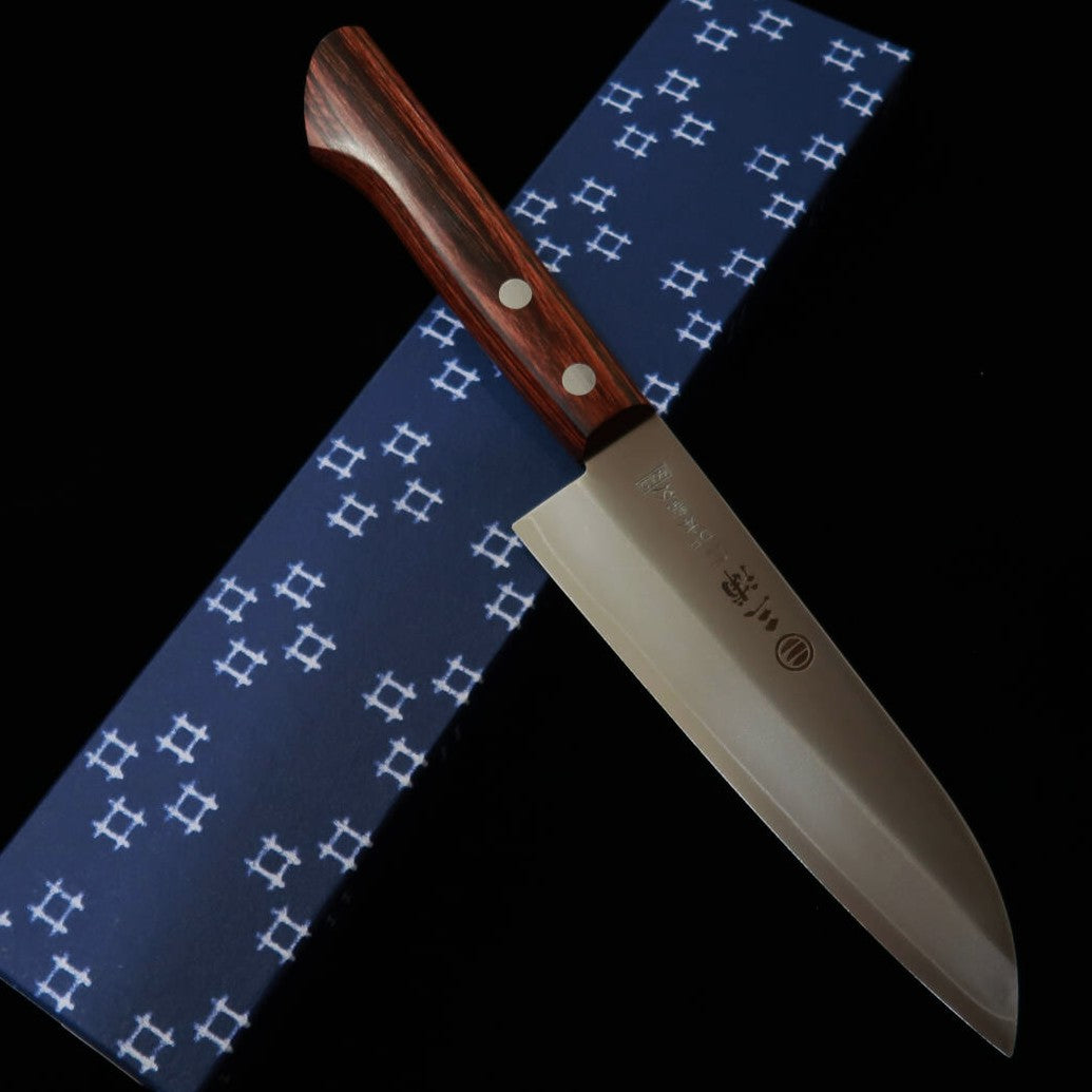 Miura Small Santoku VG1 DP Gold, No Tsuba, Mahogany Handle (140mm)