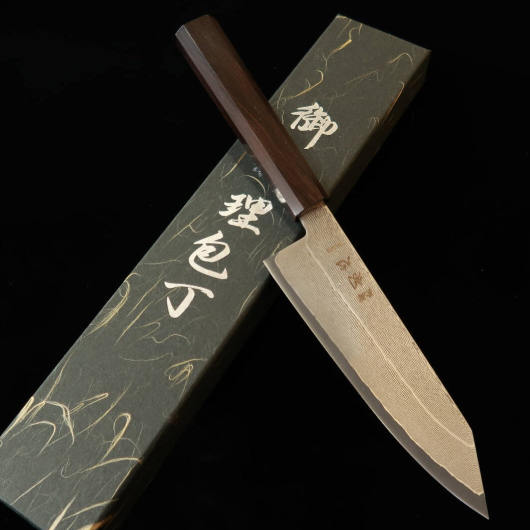 初心 HATSUKOKORO 切付三徳 銀紙三号 ダマスカス 黒檀一体型柄 (170mm)