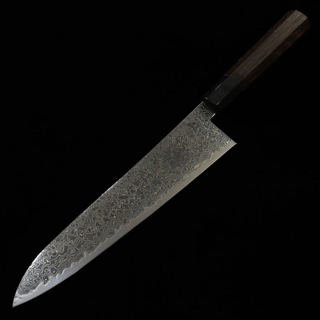 Gyuto MIURA Ryuhyo SG2 Damasco ennegrecido Mango octogonal de cuerno negro de búfalo de agua y wengué (240mm)