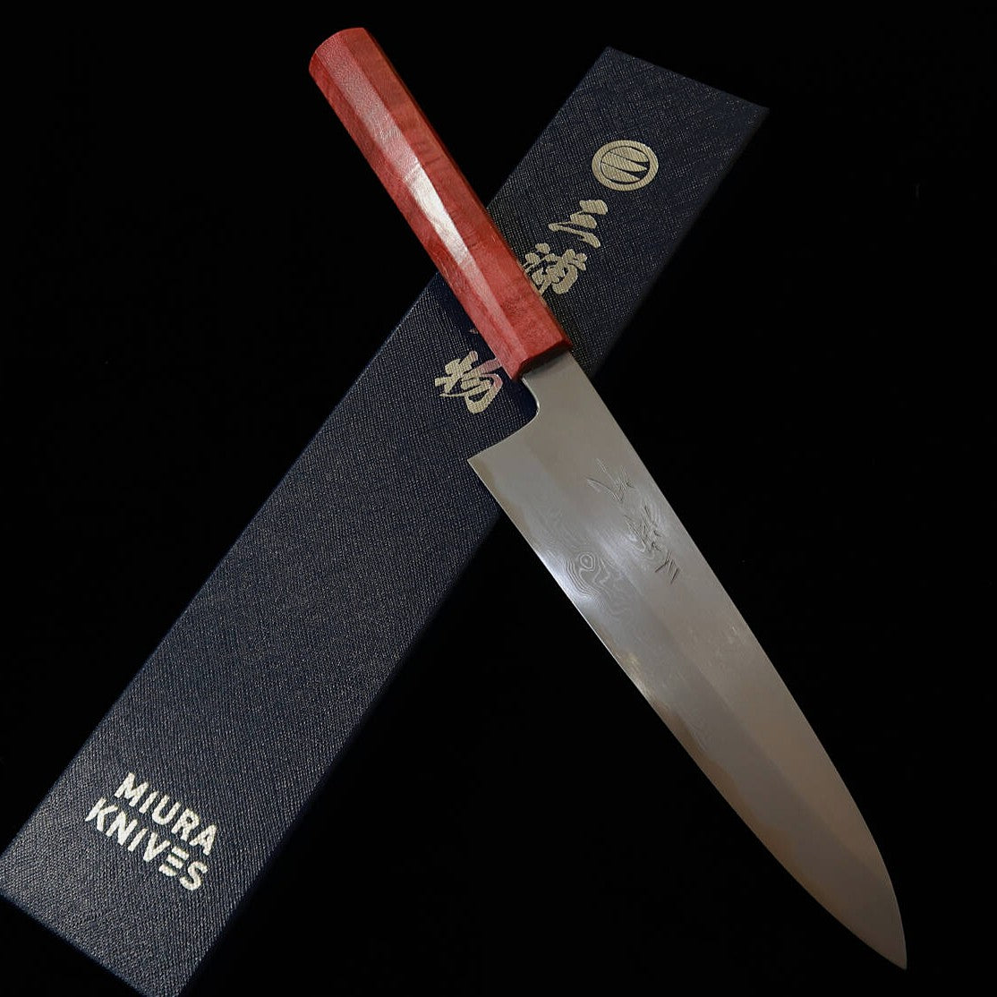 三浦佩MIURAObidama 牛刀 青紙一号 ダマスカス レッドスタビライズハンドル(210mm)