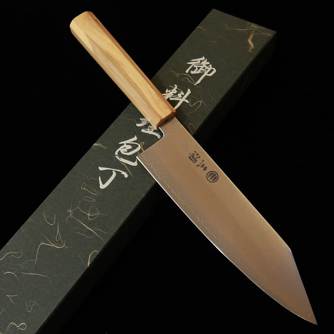 三浦 MIURA 切付三徳 VG10 全面ダマスカス オリーブ一体型柄(180mm)