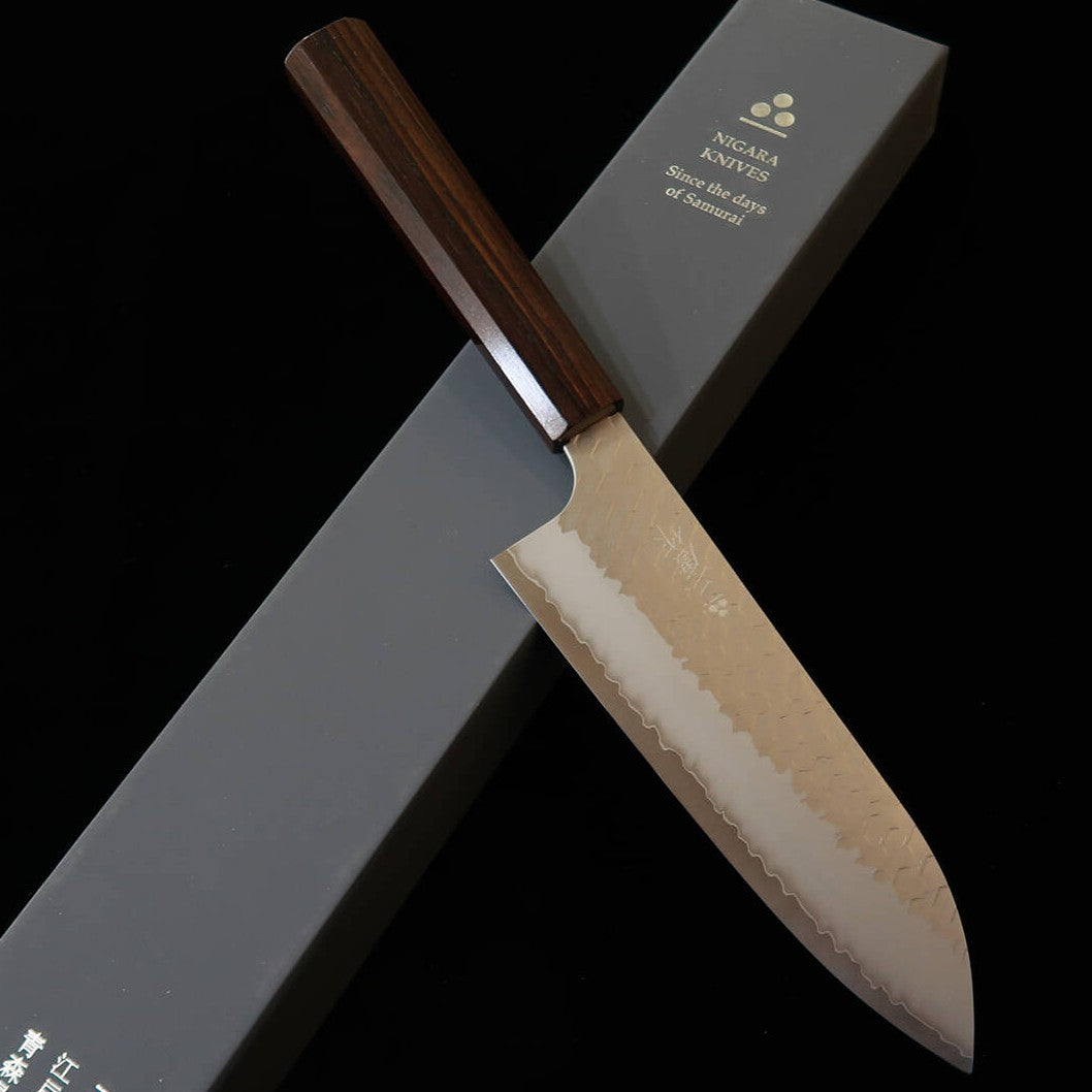 Nigara Hamono Nigara SG2 Polished Tsuchime Santoku with Ebony Octagonal Handle (180mm)
