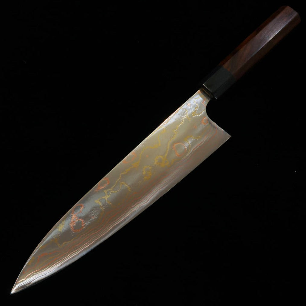SAJI TAKESHI 佐治武士 Aogami 2 Damasco de color Gyuto mango octogonal de palisandro (210/240/270mm)