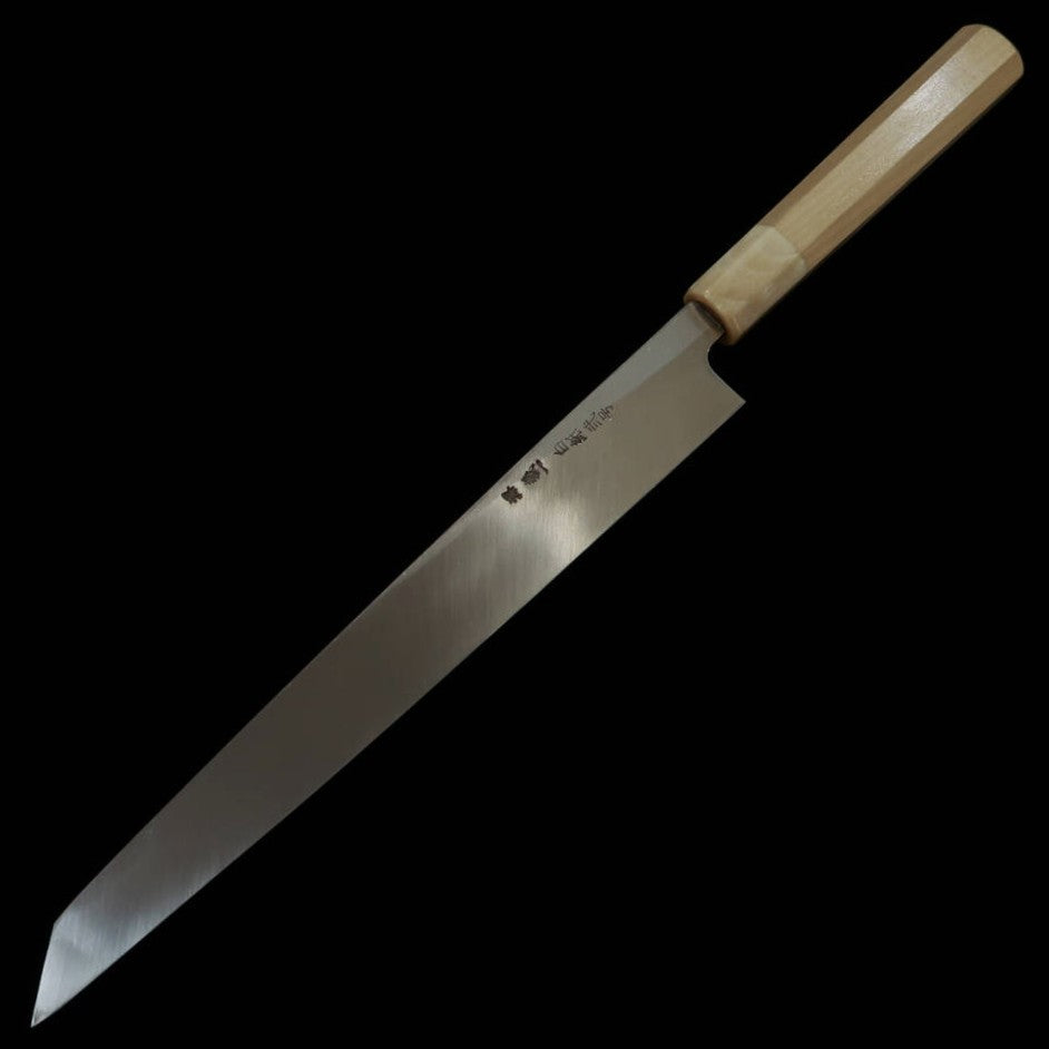 MIURA Itadaki Kiritsuke Yanagiba acier blanc n°2, finition noire, manche octogonal en magnolia et buffle blanc (270/300 mm)