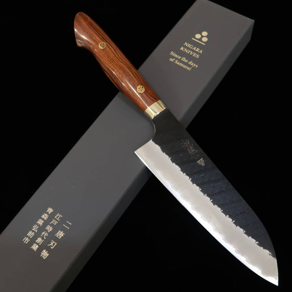 二唐刃物鍛錬所NIGARA 三徳 SG2 黒打 槌目 アイアンウッドハンドル(180mm)