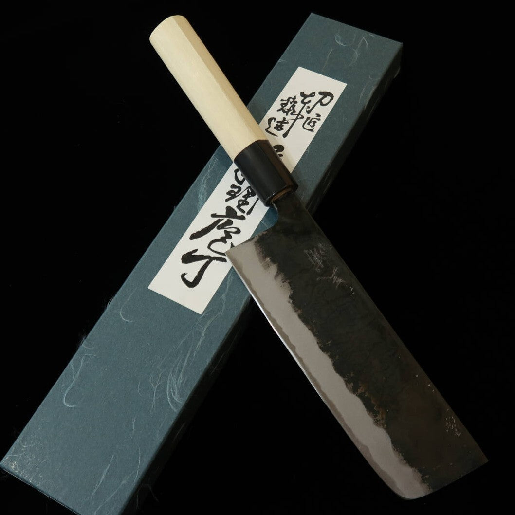 三浦 MIURA 鍛造菜切包丁 白紙二号 黒打 水牛縞柄 (170mm)