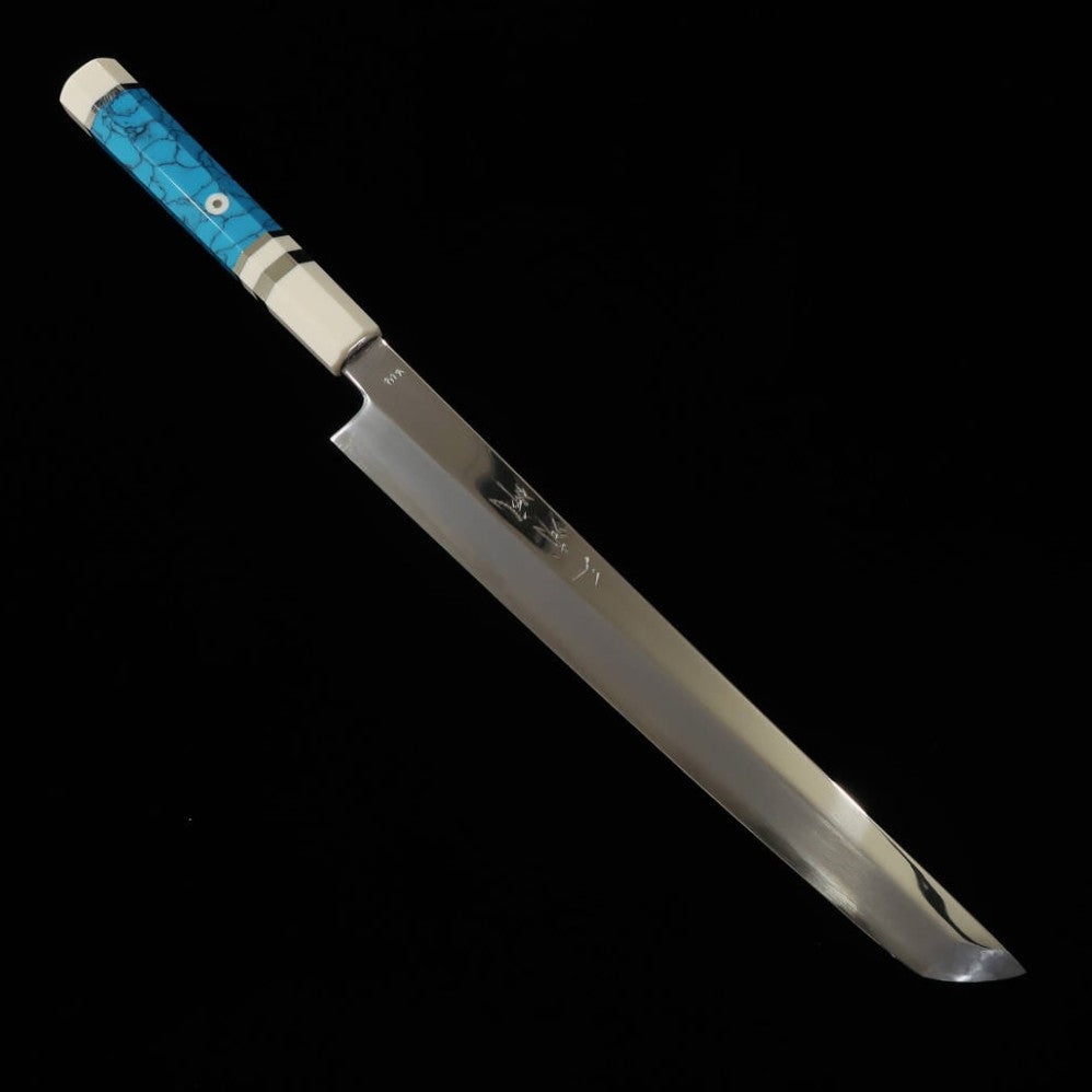 Miura佩 MIURA Obidama Yanagiba à bout rond VG10, finition miroir, manche turquoise (270 mm)