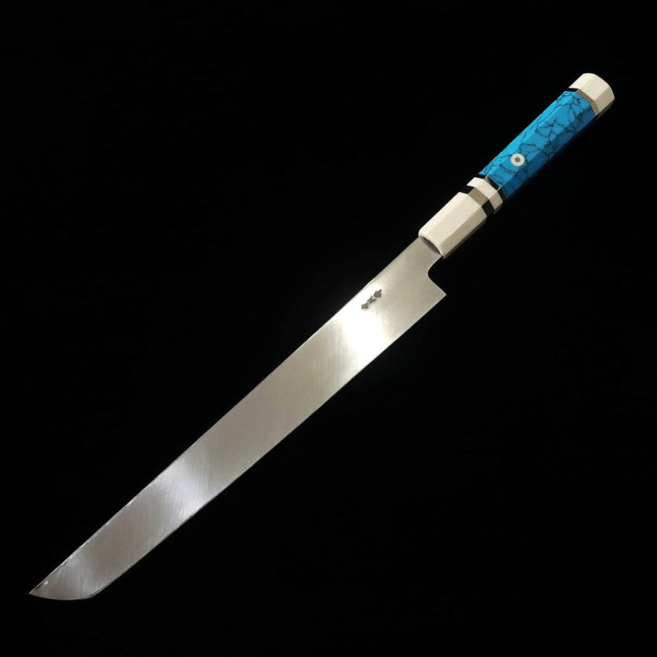 Miura佩 MIURA Obidama Yanagiba à bout rond VG10, finition miroir, manche turquoise (270 mm)