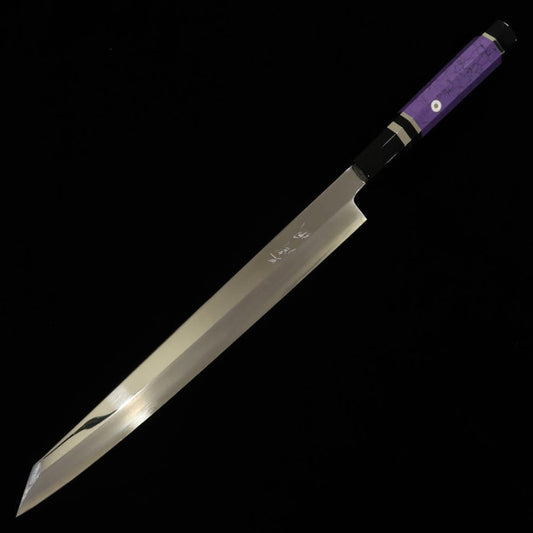Miura佩 MIURA Obidama Kiritsuke Yanagiba pour gaucher, Ginpaku n°3, finition miroir, manche custom - violet - (270/300 mm)