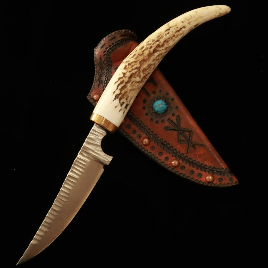 Prometheus Thor Ymir HS stole with antler handle and leather sheath (82mm)