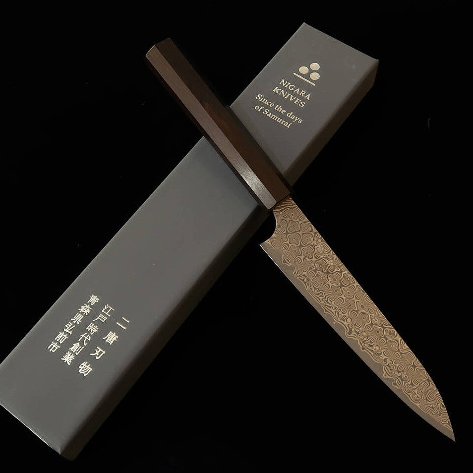 二唐刃物鍛造所 NIGARA 暗紋 ペティ SG2 黒檀一体型八角柄(150mm)