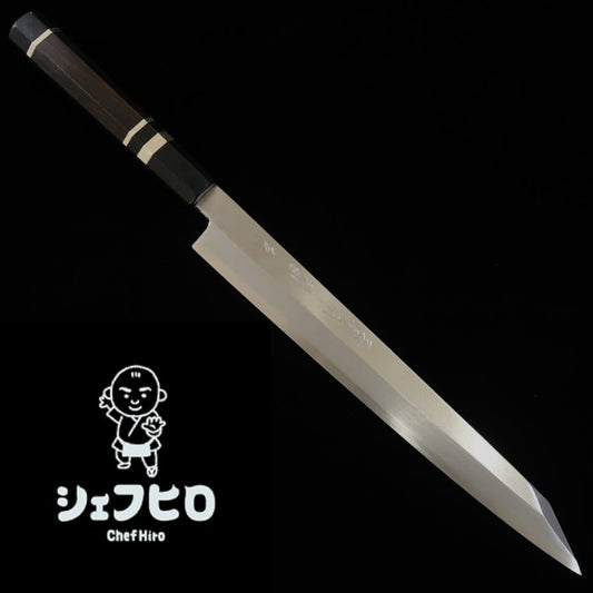 Kandokoro Kiritsuke Yanagiba【Chef Hiro × Miura】 Miura Obidama modelo especial "Hiro" Ginsan No.3 Kasumi, virola de cuerno negro de búfalo con anillo de plata, mango octogonal de ébano (270mm)