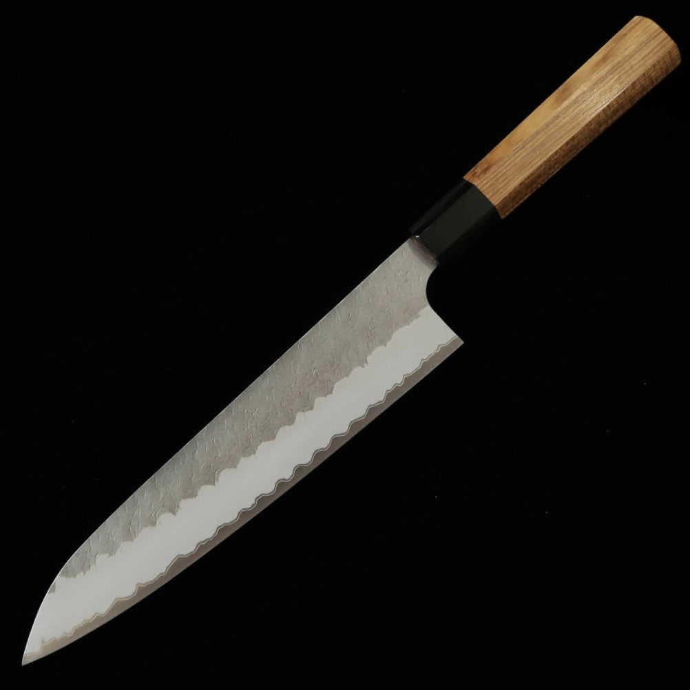 二唐刃物鍛造所NIGARA 青紙スーパー 磨き槌目 牛刀 チーク八角柄 (210/240mm)