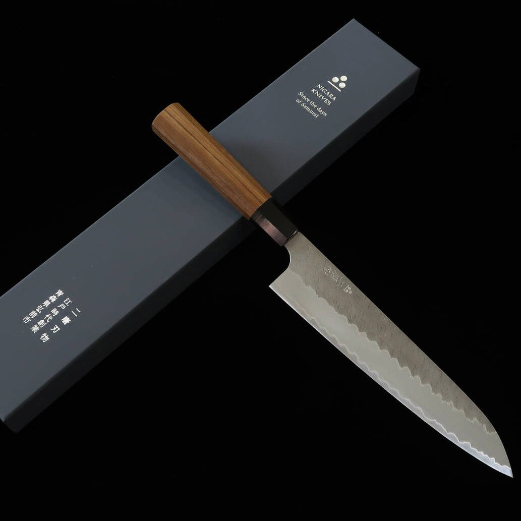 二唐刃物鍛造所NIGARA 青紙スーパー 磨き槌目 牛刀 チーク八角柄 (210/240mm)