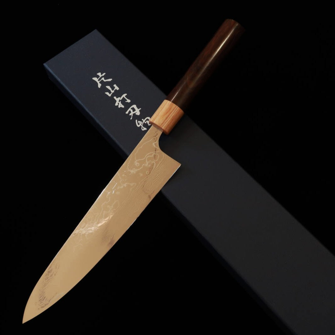 Yuta Katayama VG10 Damasco acabado pulido Gyuto mango de palo violeta en forma de castaña (210/240 mm)