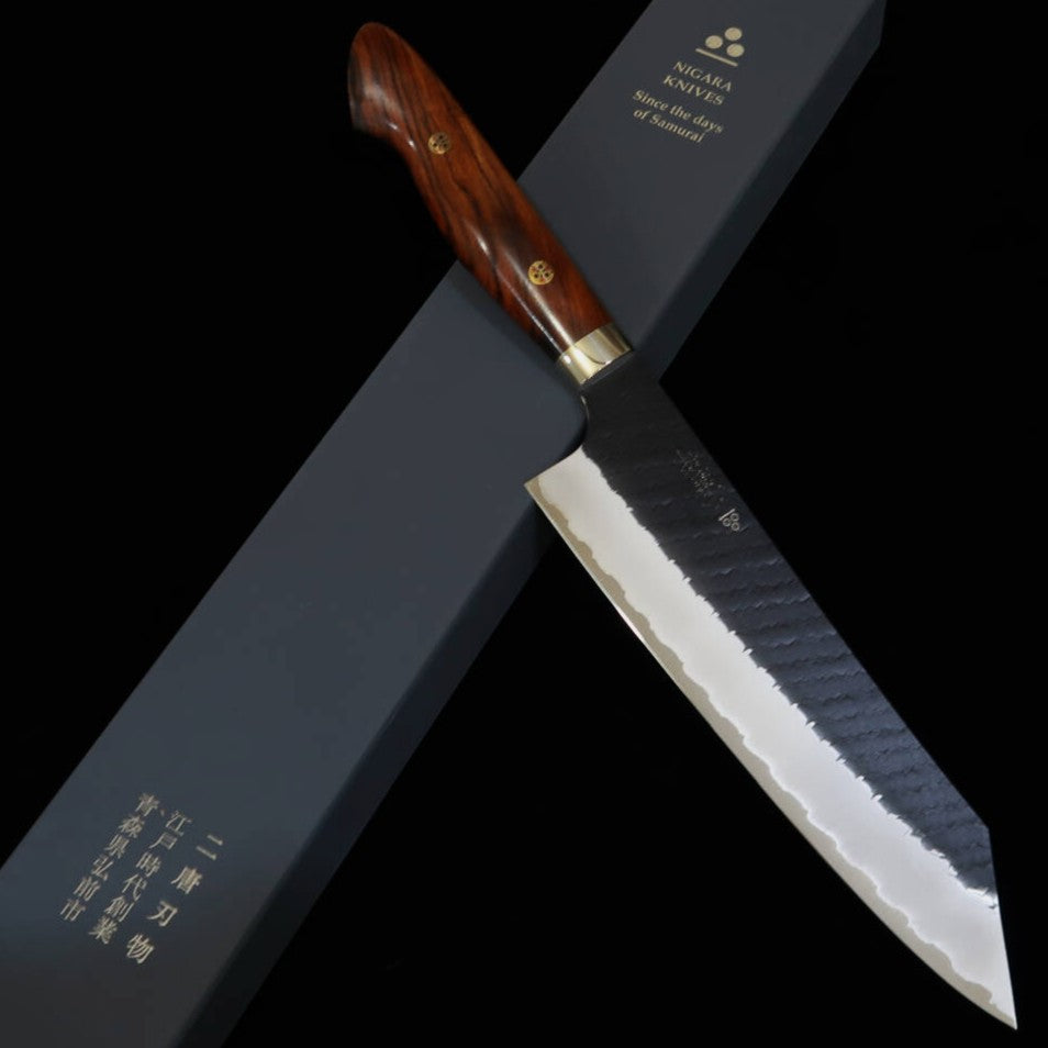 二唐刃物鍛錬所NIGARA 切付牛刀 SG2 黒打 鎚目 アイアンウッドハンドル(210mm)