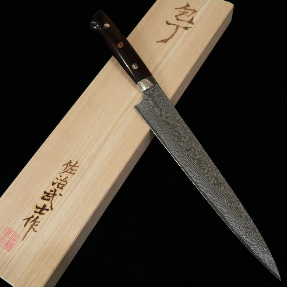 Saji Takeshi sujihiki R2, damasco escurecido, cabo de ironwood (240/270 mm)