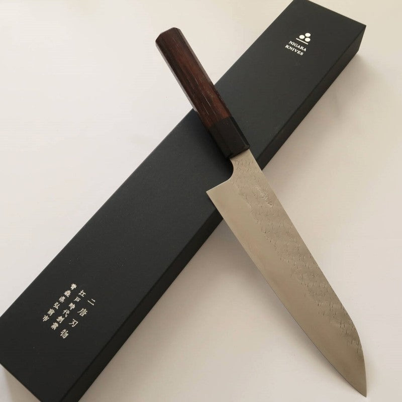 二唐刃物鍛造所 NIGARA SPG STRIX 槌目ダマスカス 牛刀 紫檀柄 (210/240mm)