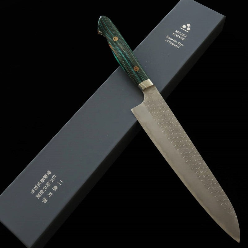 NIGARA Gyuto SG2 Polished Hammered Finish Turquoise Handle (240mm)