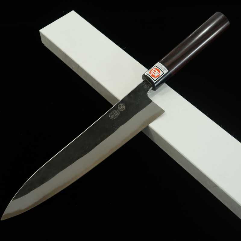 Gyuto IKENAMI HAMONO Shirogami No. 1 acabamento Kurouchi e cabo em cerejeira (210-270mm)