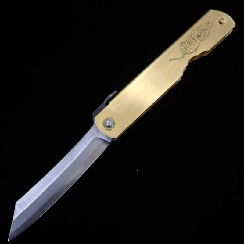 Japanese folding knife HIGONOKAMI Blue steel Split Brass Handle Zodiac Series - Tiger - (72mm)