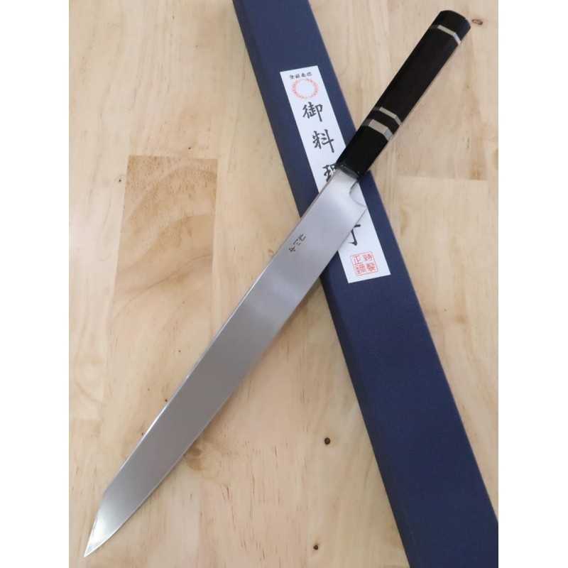 Yanagiba MIURA Obidama VG-10 Flat mirror finish Kansho with double wheel ebony silver wrapping octagonal handle (270/300mm)