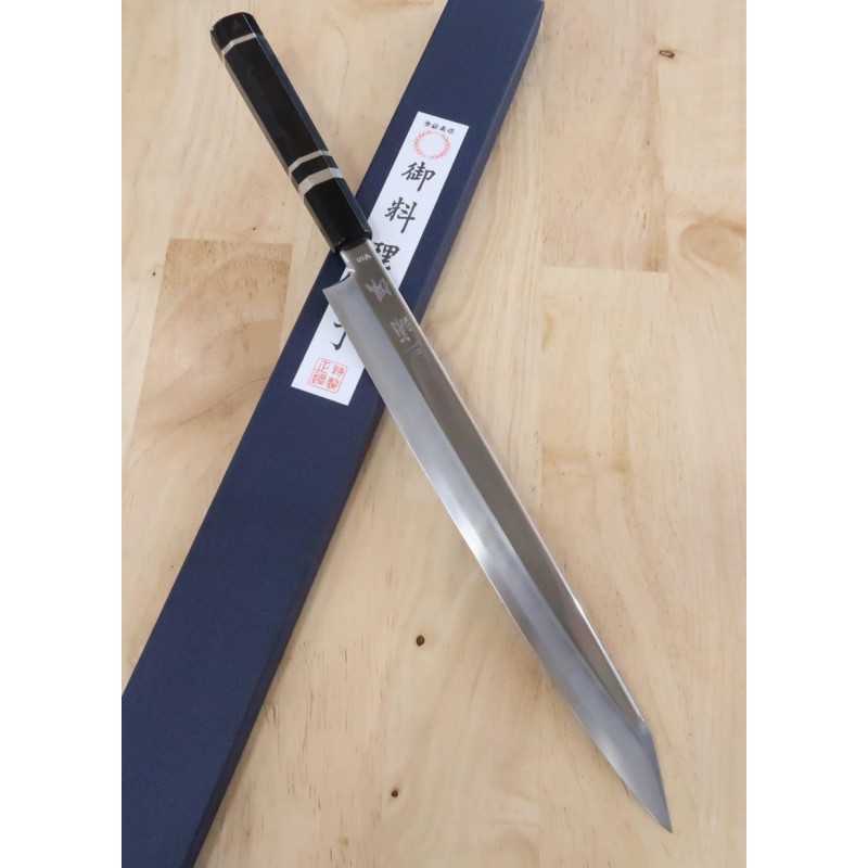 Yanagiba MIURA Obidama VG-10 Flat mirror finish Kansho with double wheel ebony silver wrapping octagonal handle (270/300mm)