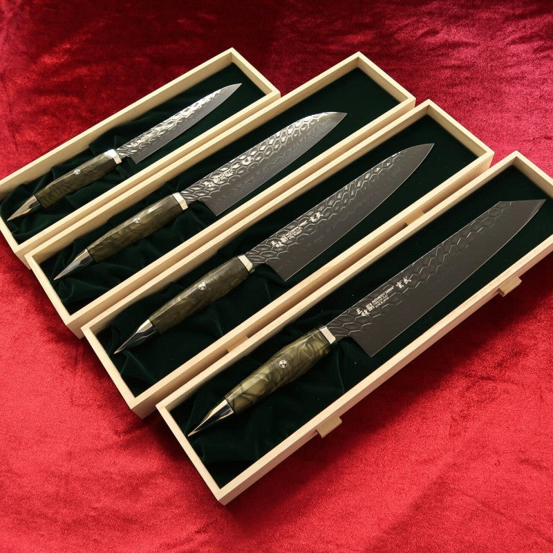 ZANMAI LIMITED EDITION Four Gods Series Genbu Petty/Santoku/Gyuto/Kiritsuki 4-piece set Coreless Steel VG-10/VG-2 Reinforced Acrylic Handle Color: - Green