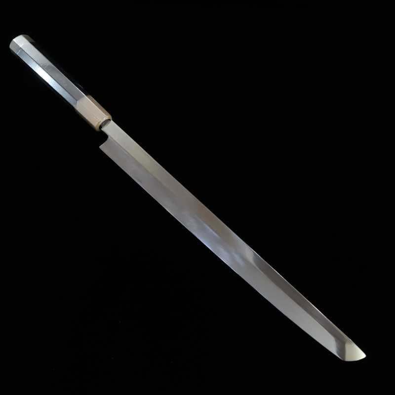 Takohiki Mizu Honyaki SUISIN Shirogami nº 1 acabamento espelhado bainha laqueada incluída cabo em ébano forjada por Ikeda (300mm)