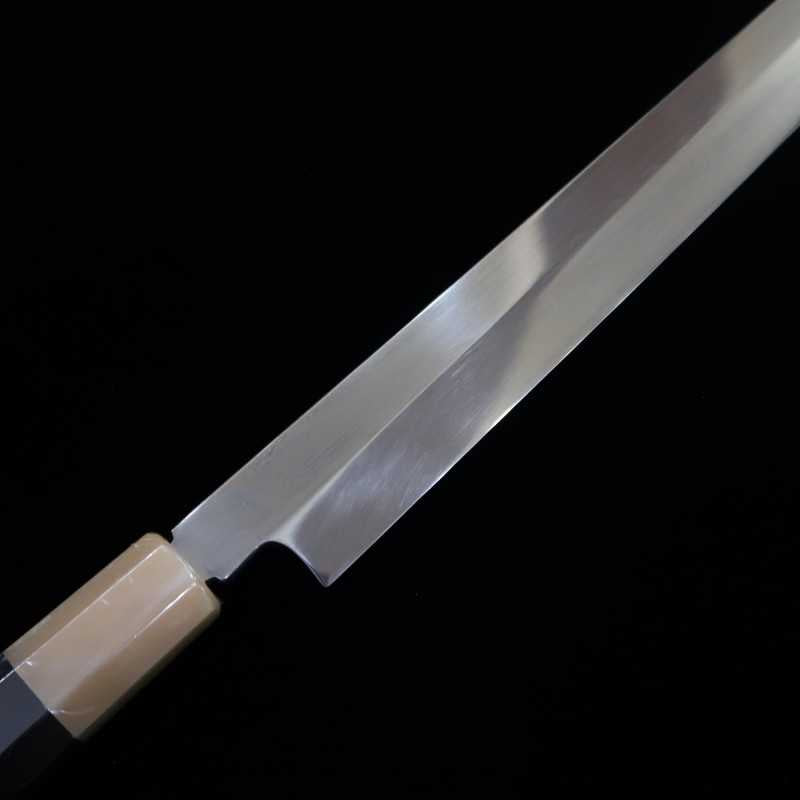 Takohiki Mizu Honyaki SUISIN Shirogami nº 1 acabamento espelhado bainha laqueada incluída cabo em ébano forjada por Ikeda (300mm)