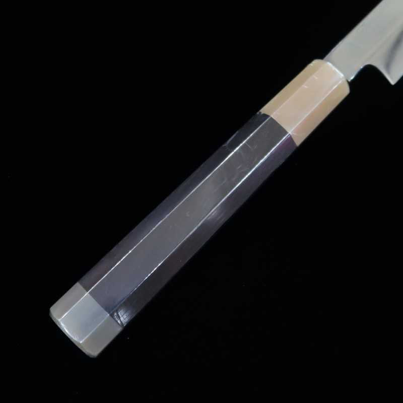 Takohiki Mizu Honyaki SUISIN Shirogami nº 1 acabamento espelhado bainha laqueada incluída cabo em ébano forjada por Ikeda (300mm)