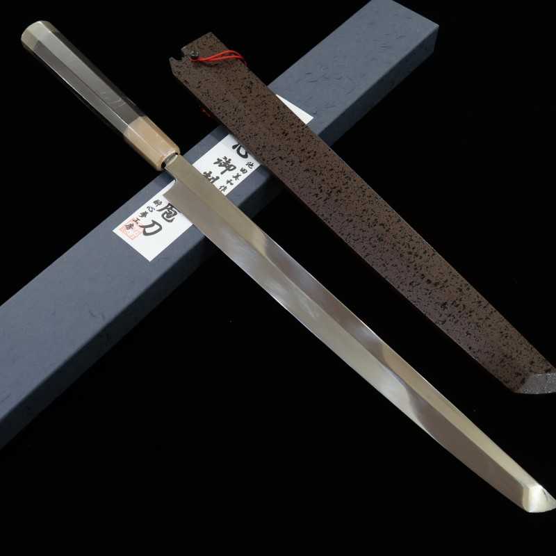 Takohiki Mizu Honyaki SUISIN Shirogami nº 1 acabamento espelhado bainha laqueada incluída cabo em ébano forjada por Ikeda (300mm)