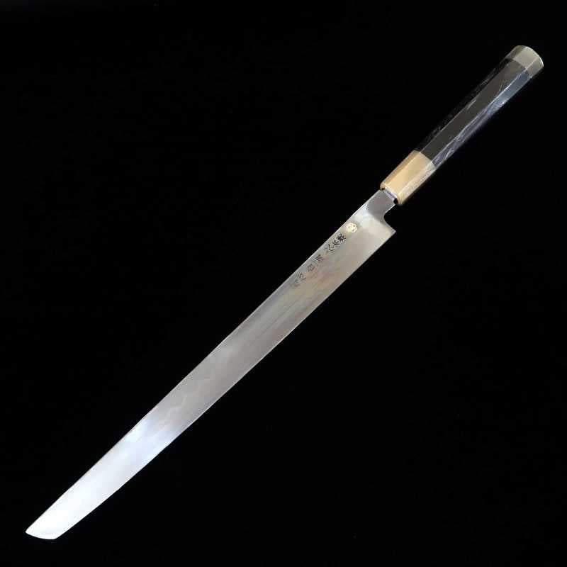 Takohiki Mizu Honyaki SUISIN Shirogami nº 1 acabamento espelhado bainha laqueada incluída cabo em ébano forjada por Ikeda (300mm)