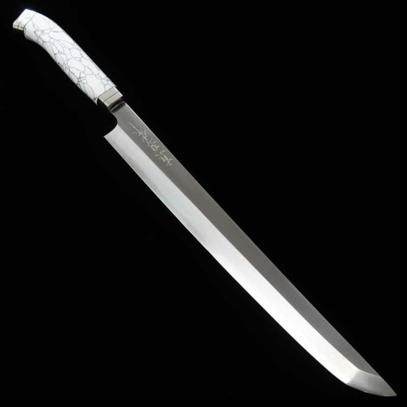 TADOKORO HAMONO by Makoto - Faca Saki-maru Takobiki, polimento espelhado, aço Gin-san nº3, cabo Corian (300mm)