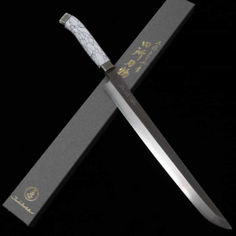 TADOKORO HAMONO by Makoto - Faca Saki-maru Takobiki, polimento espelhado, aço Gin-san nº3, cabo Corian (300mm)
