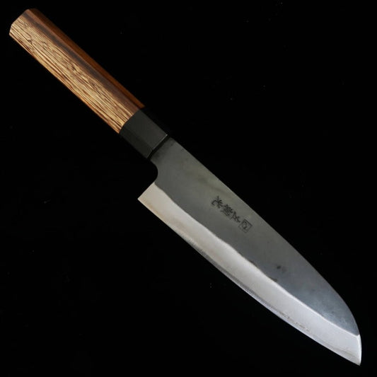 Santoku HIDARI YORIMITSU Aogami no.1, acabado kurouchi, mango de madera de hierro (165 mm)