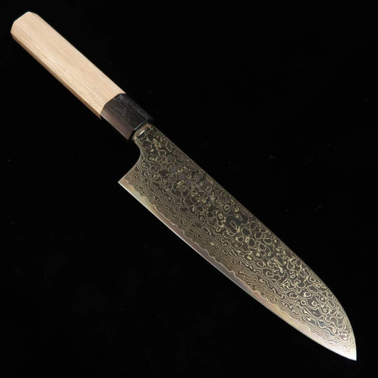KAGEKIYO ZA-18 Damasco ennegrecido Mango octogonal de nogal Santoku (180mm)