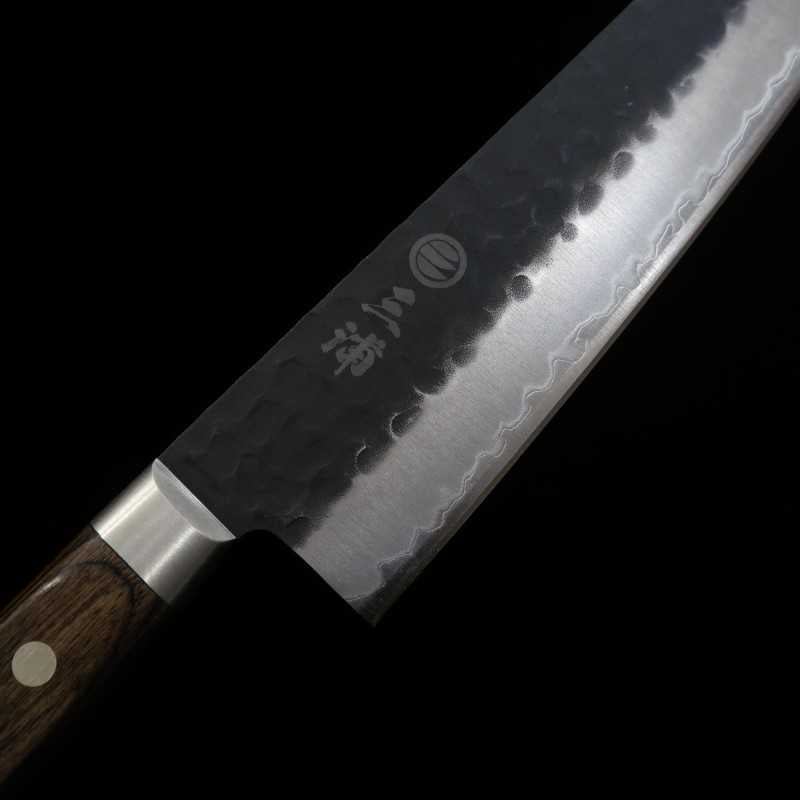 Santoku MIURA Aogami Super martilleado negro Mango de contrachapado marrón oscuro (180mm)