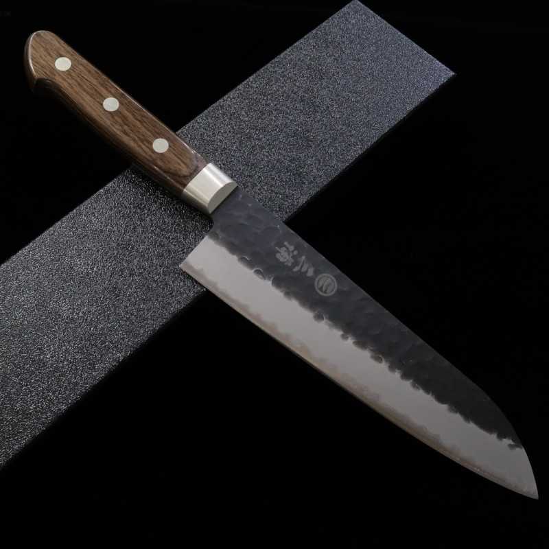 Santoku MIURA Aogami Super martilleado negro Mango de contrachapado marrón oscuro (180mm)