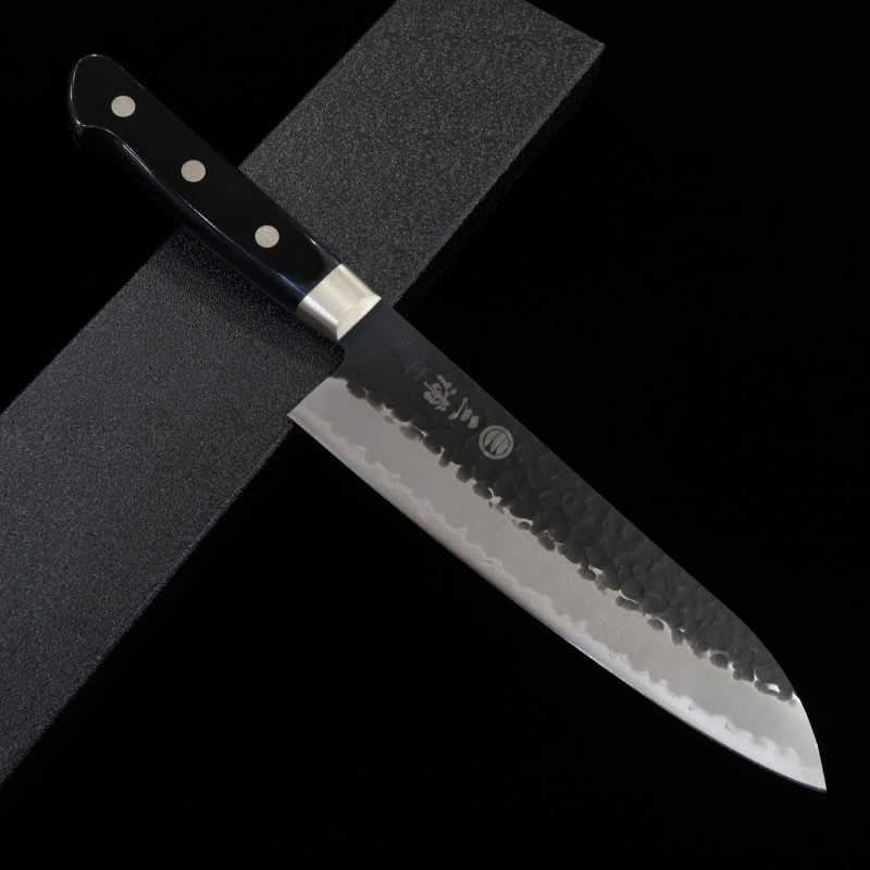 MIURA Aogami Super, martelé noir, Santoku, manche en contreplaqué noir (180mm)