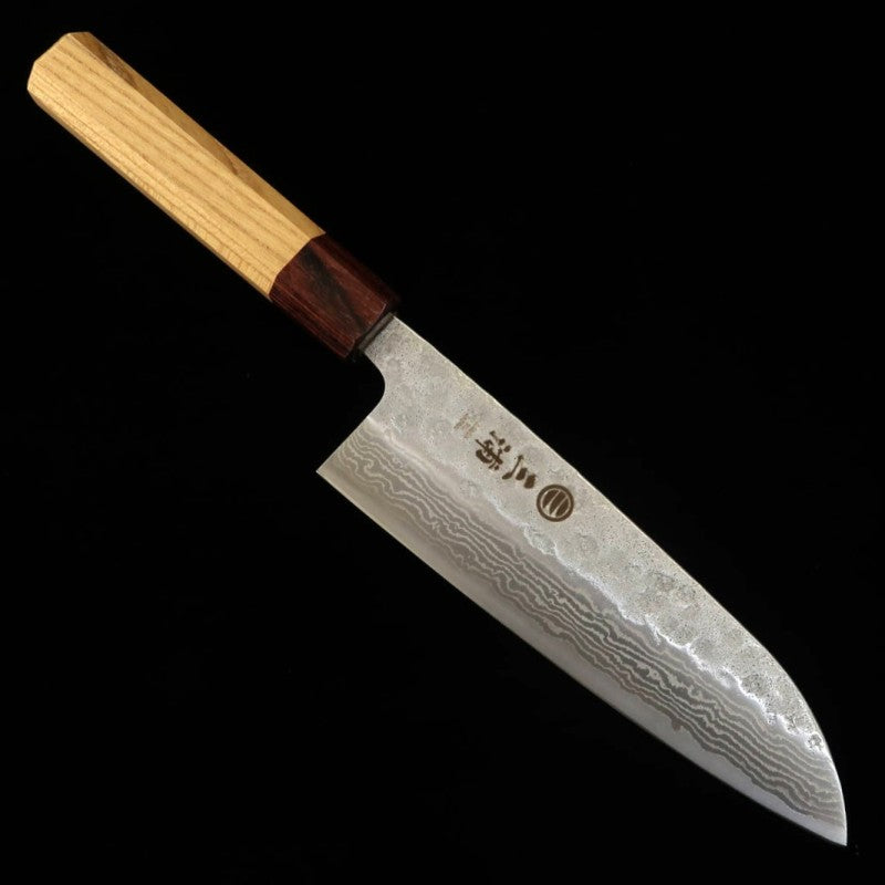 Santoku MIURA Inox 440C acabamento Damasco cabo octogonal em madeira keyaki (165mm)