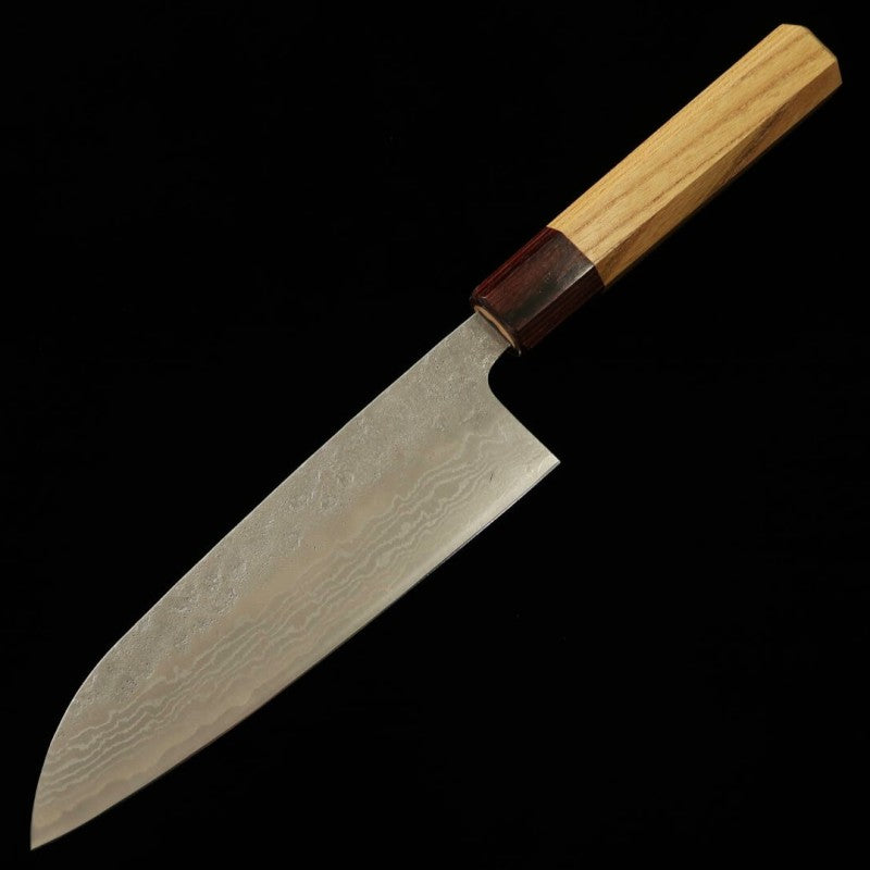 Santoku MIURA Inox 440C acabamento Damasco cabo octogonal em madeira keyaki (165mm)
