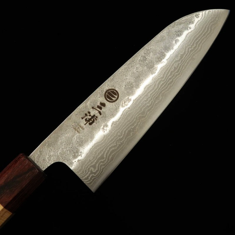 Santoku MIURA Inox 440C acabamento Damasco cabo octogonal em madeira keyaki (165mm)