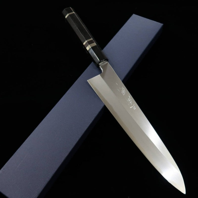 MiuraObidama Gyuto à un seul tranchant, acier bleu n°2, manche ébène avec bague argentée (240 mm)