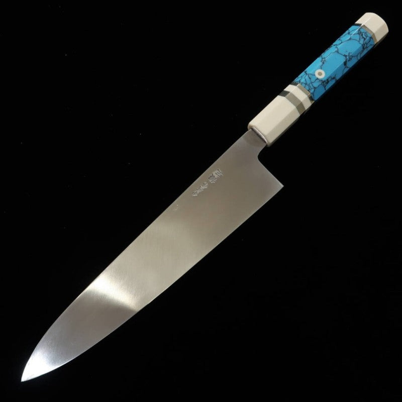 MIURA Obidama, Gyuto à simple biseau, acier Gin-san n°3, manche custom turquoise (240mm)