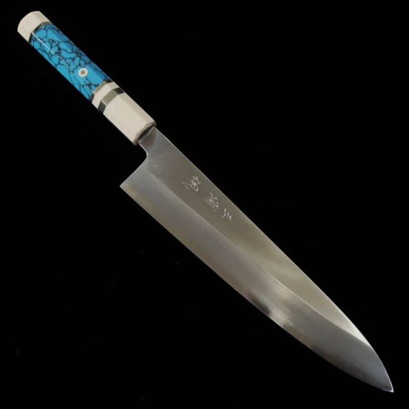 MIURA Obidama, Gyuto à simple biseau, acier Gin-san n°3, manche custom turquoise (240mm)